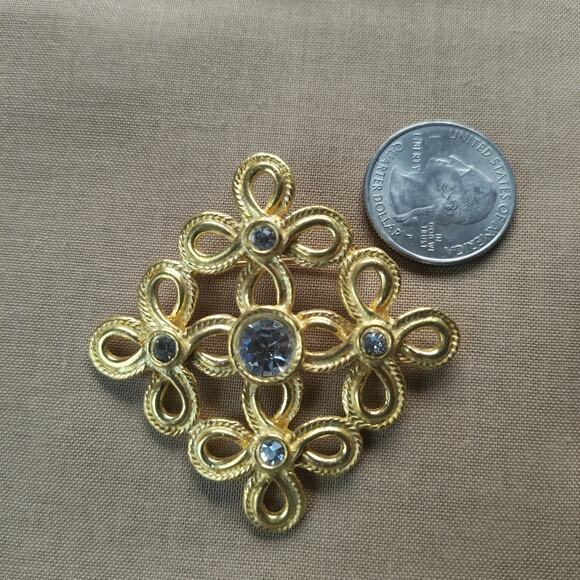 Vintage Gold Tone Celtic Style Scroll Twisted Cross Brooch w/ Clear Rhinestones - Picture 2 of 4